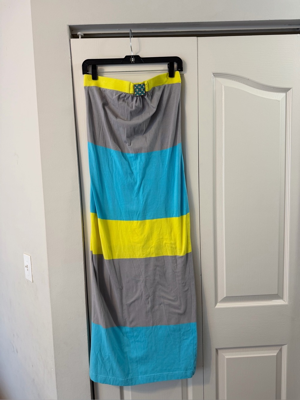 Trina Turk Strapless Colorblock Maxi Dress in Gray, Turquoise & Yellow